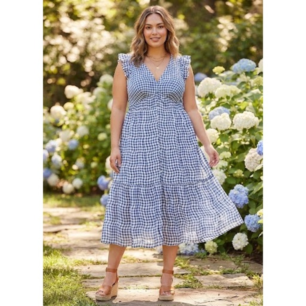 Anthropologie Blue Gingham Smocked Tiered Midi Dress Ruffle Sleeve 1X